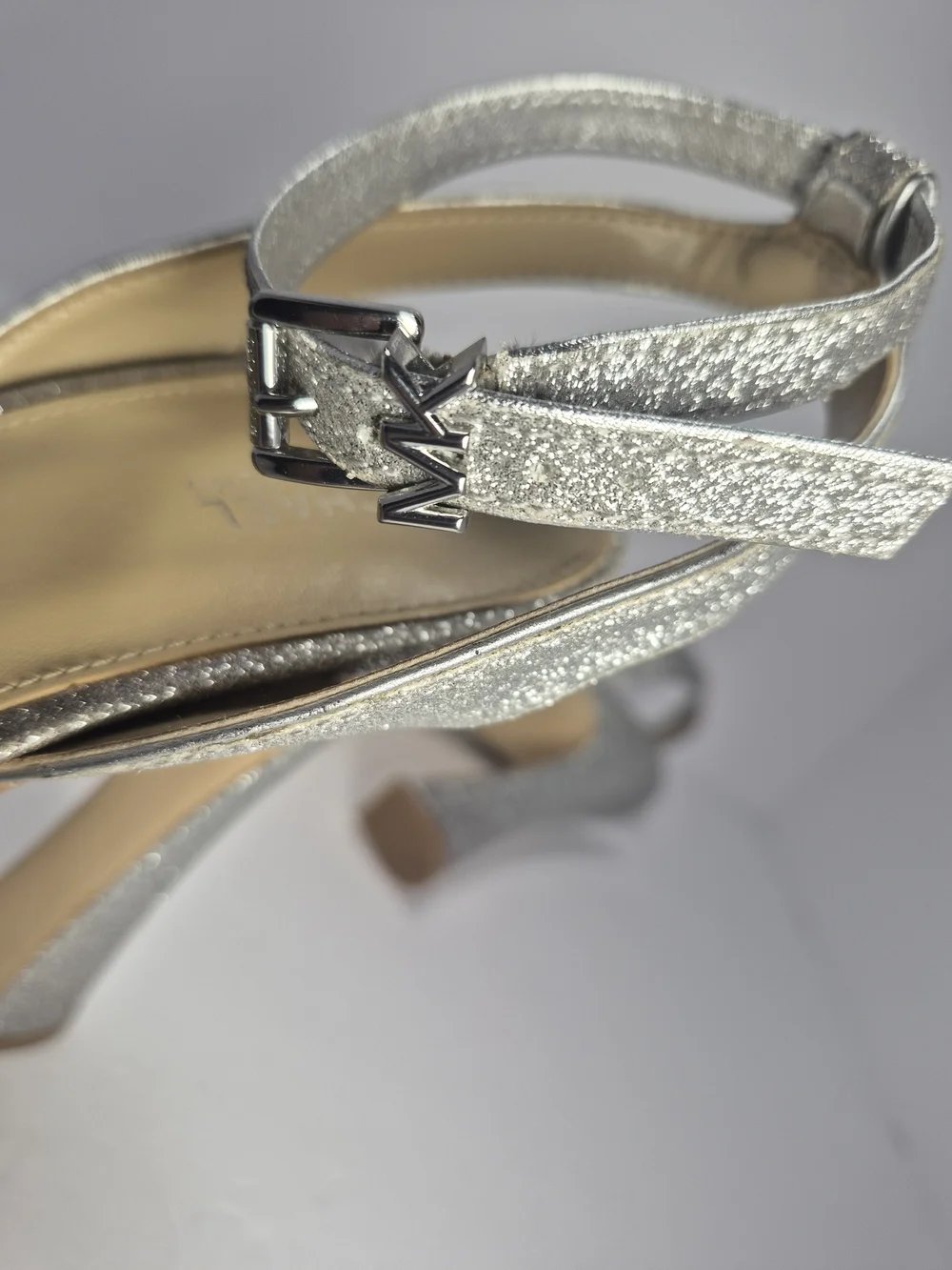 Michael Kors Silver Glitter Chunky Platform Sandals Ankle Strap Buckle Closure
